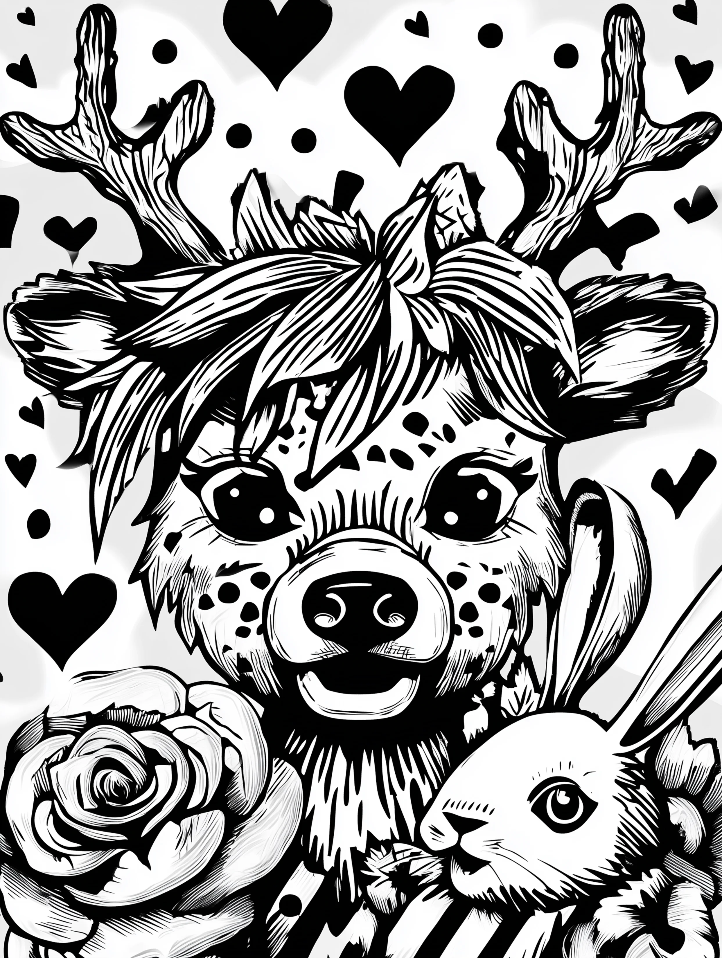 Free printable reindeer coloring page for adults featuring a reindeer looking ahead with a rabbit